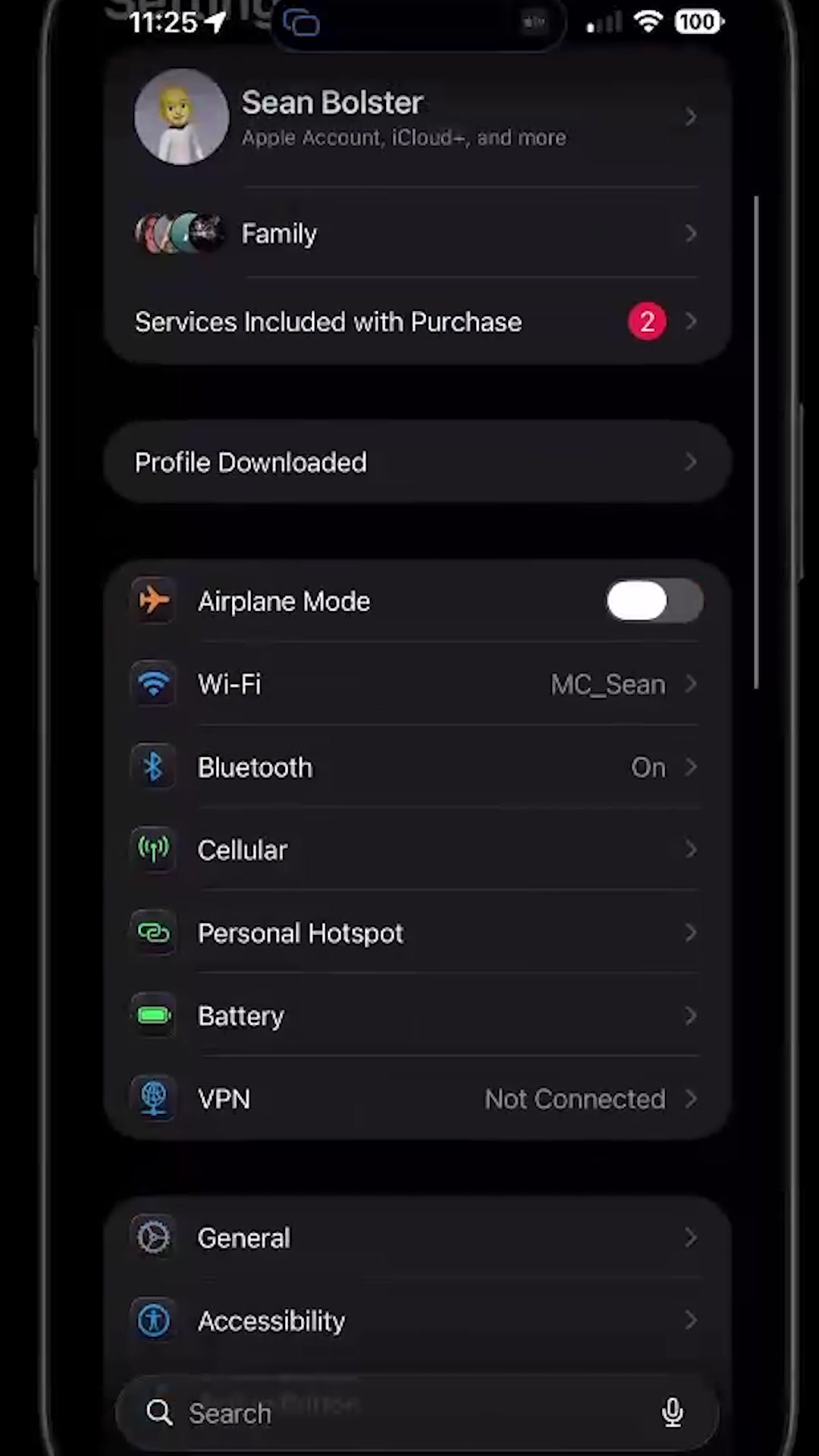 iOS Settings showing the Profile Downloaded banner
