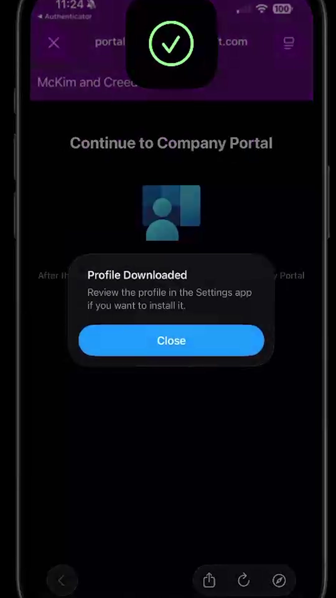 Profile Downloaded confirmation dialog with the Close button