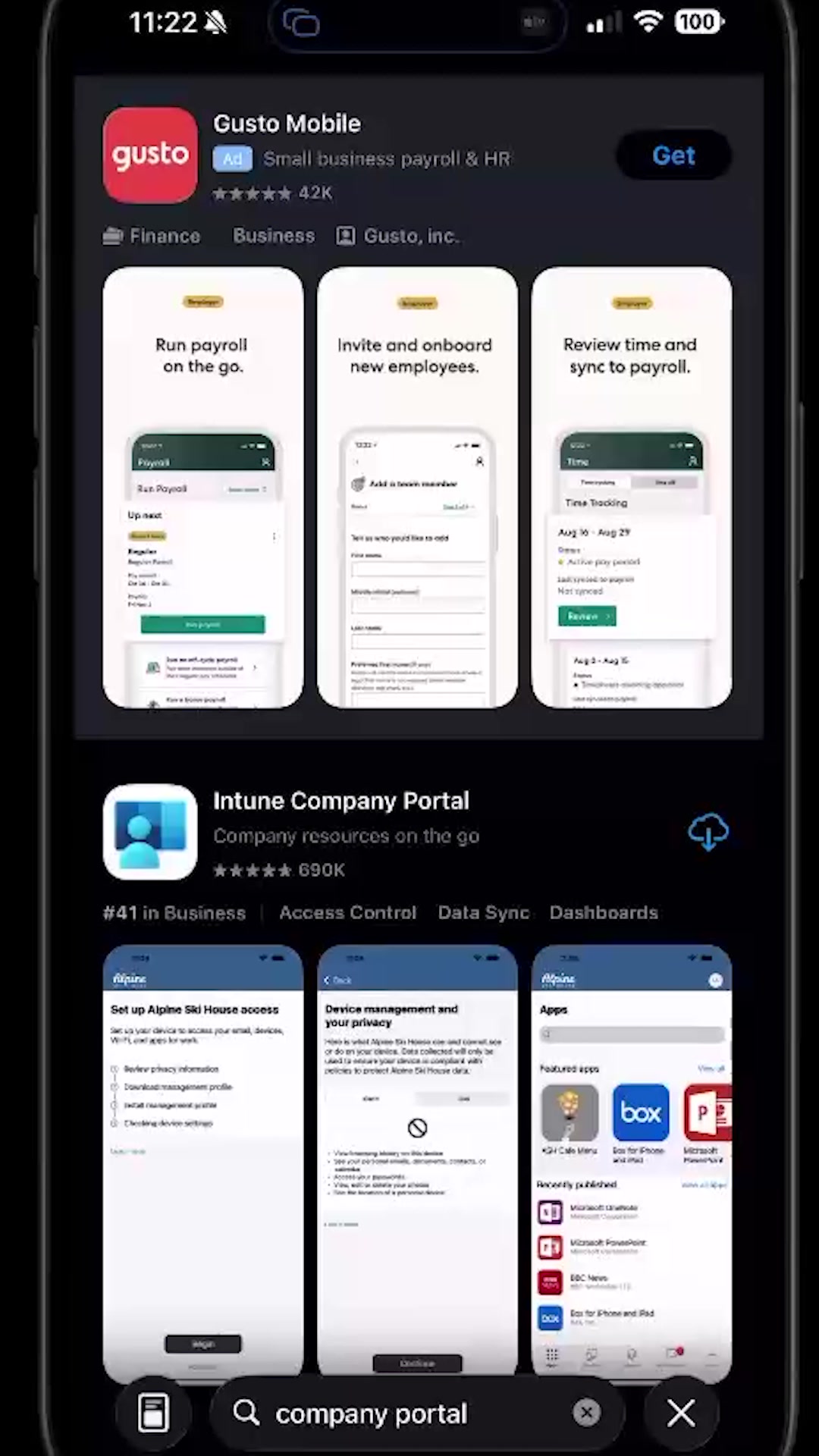 App Store search results showing the Intune Company Portal app