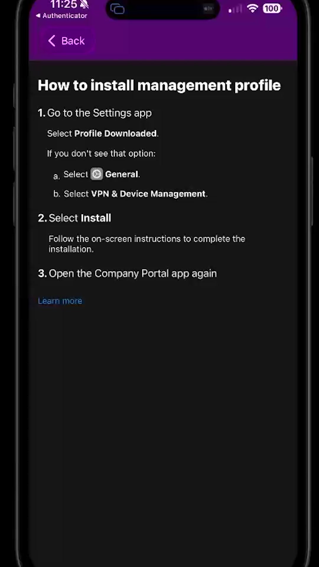 Company Portal instructions for installing the management profile