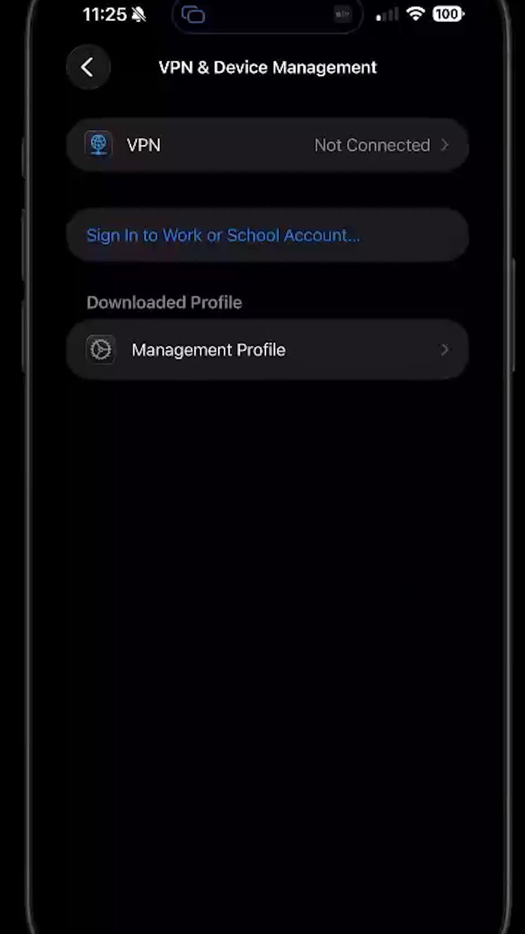 VPN & Device Management showing the downloaded Management Profile