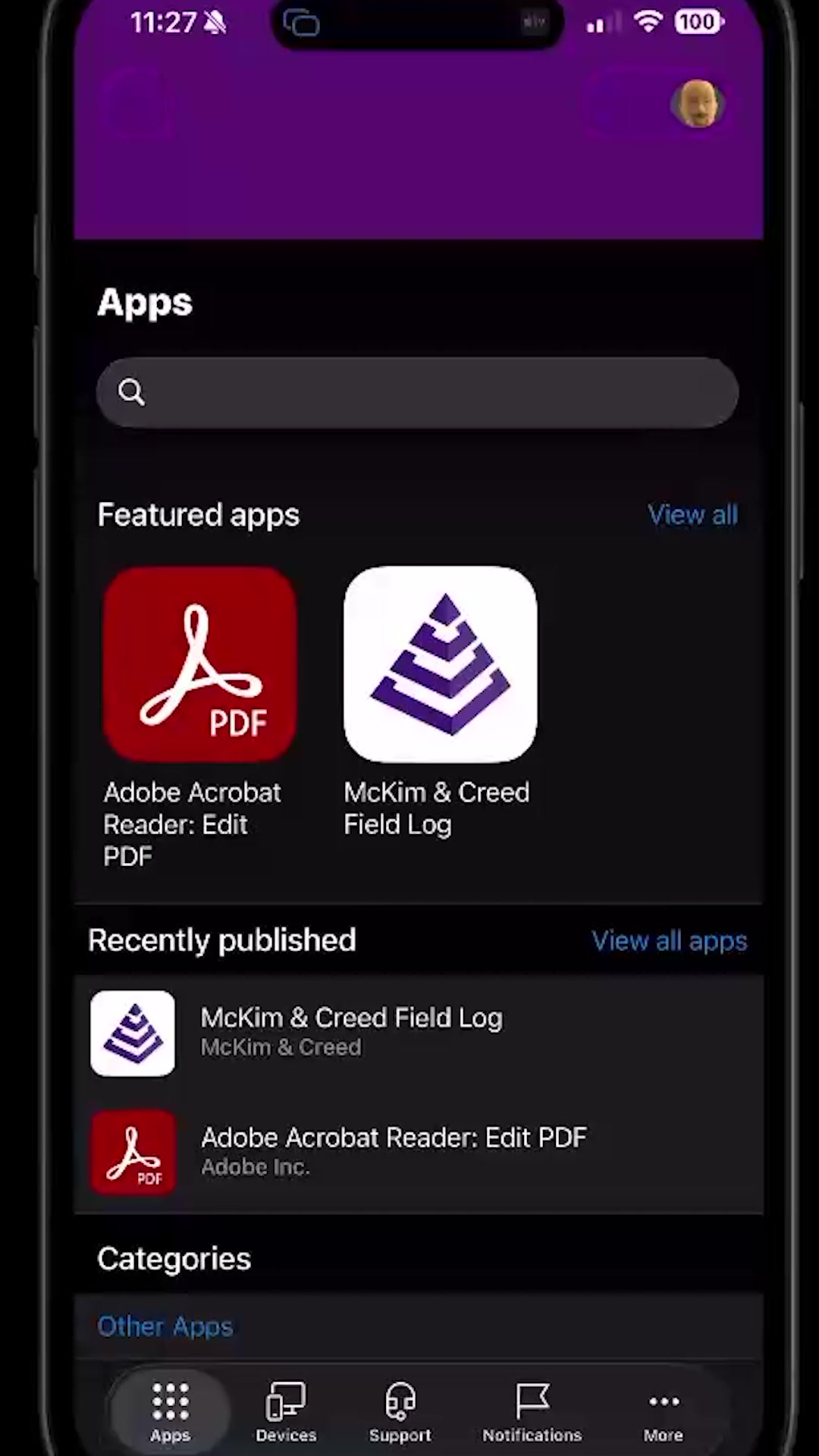 Company Portal home with the Field Log featured app