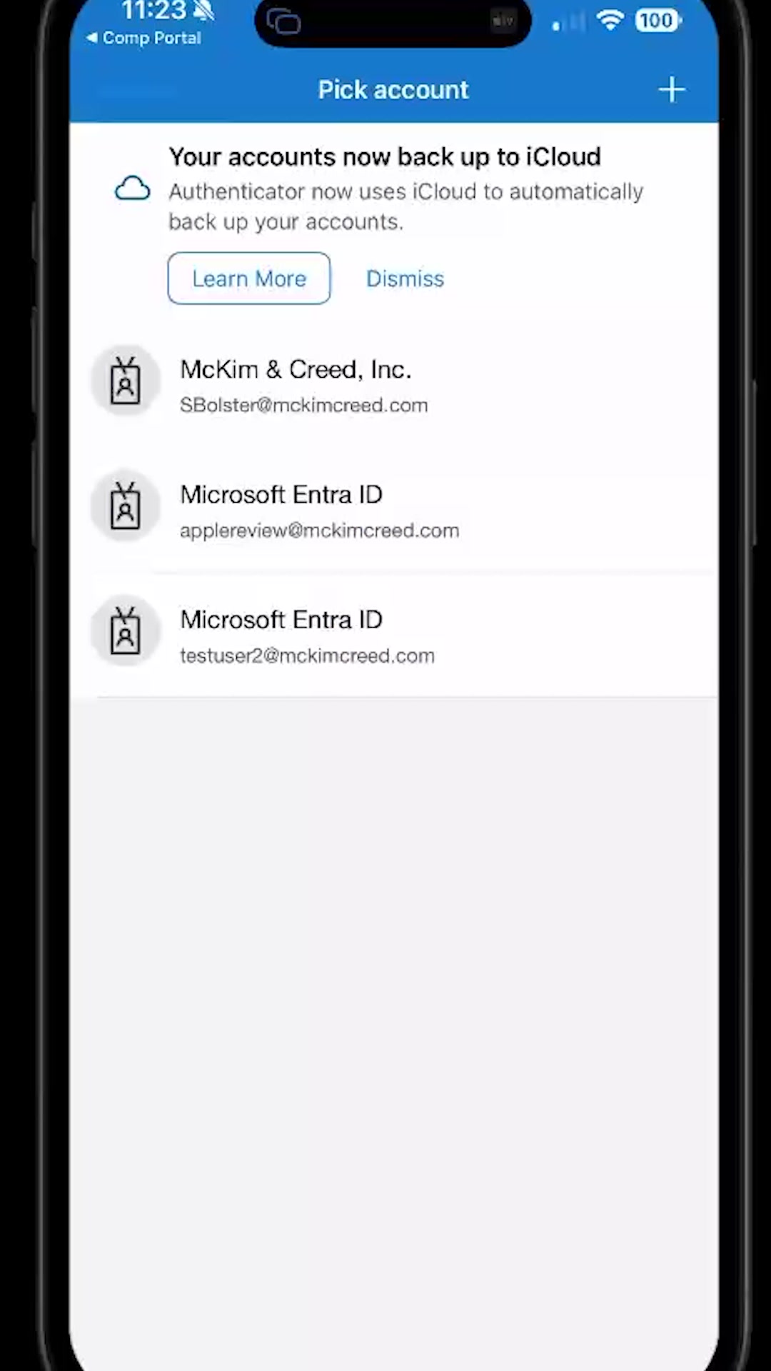 Authenticator account picker showing the McKim & Creed, Inc. work account