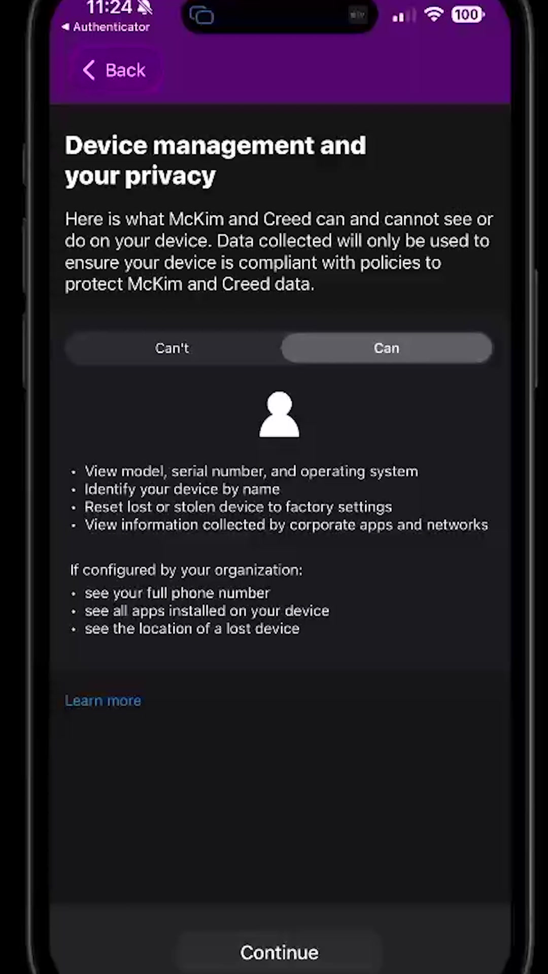 Device management and your privacy screen listing what McKim & Creed can see and do
