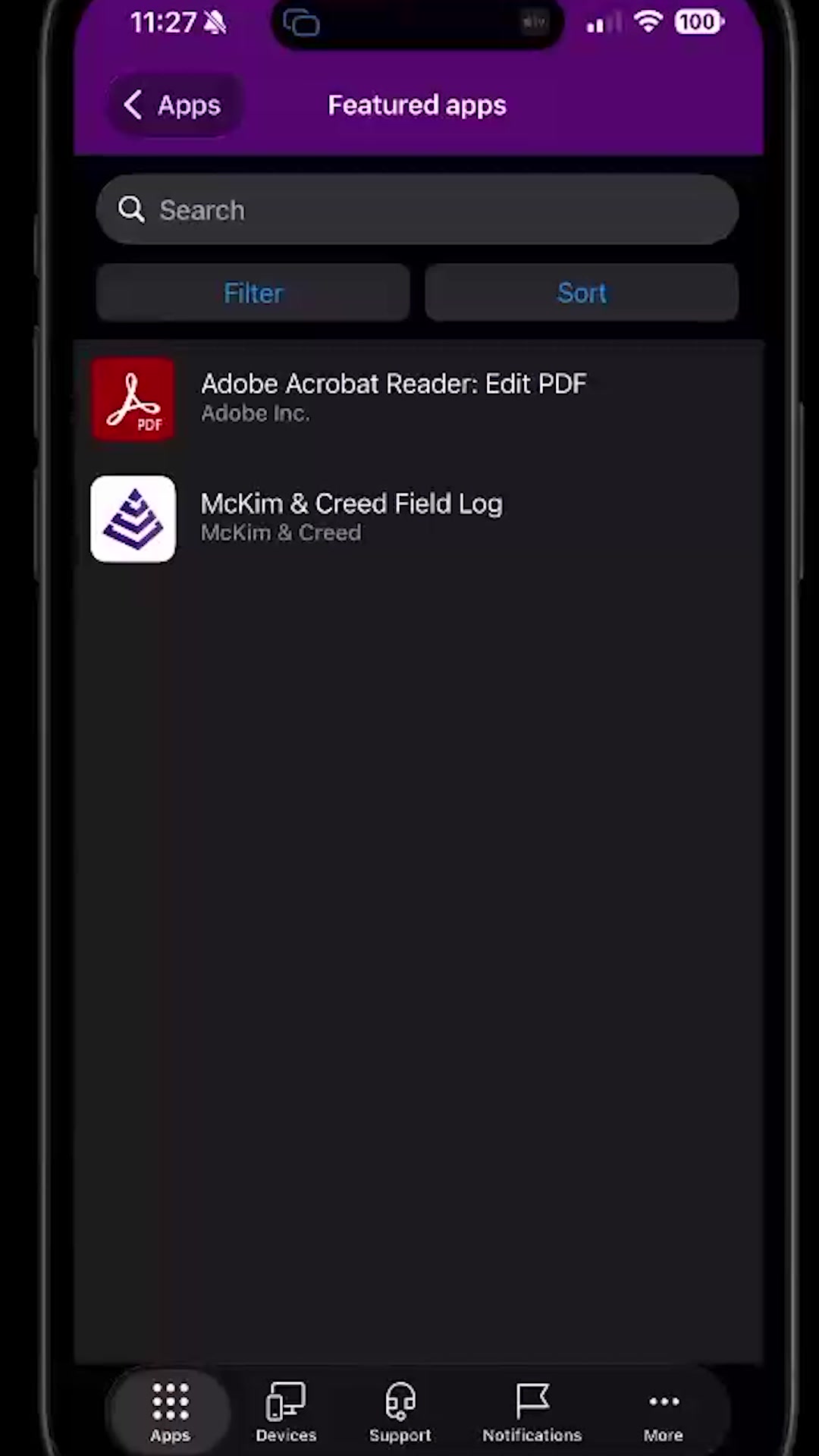 Featured apps list showing Adobe Acrobat Reader and McKim & Creed Field Log