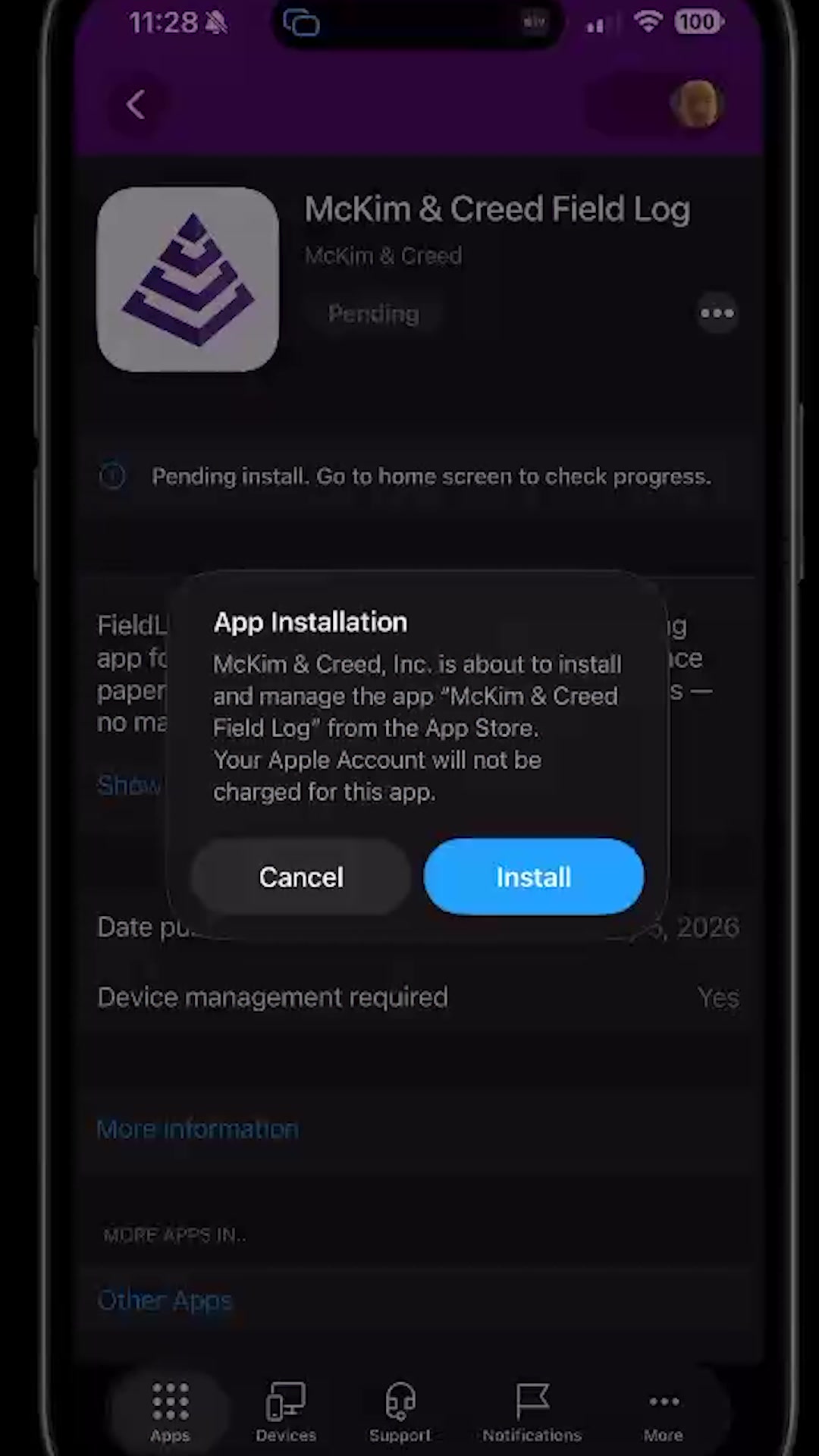 App Installation confirmation prompt for McKim & Creed Field Log